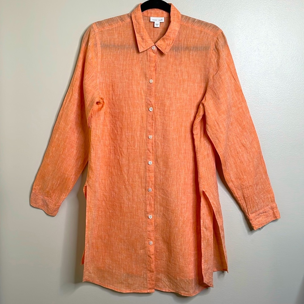 J. Jill 100% Linen Coral Orange Long Sleeve Button Up High Slit Tunic Medium